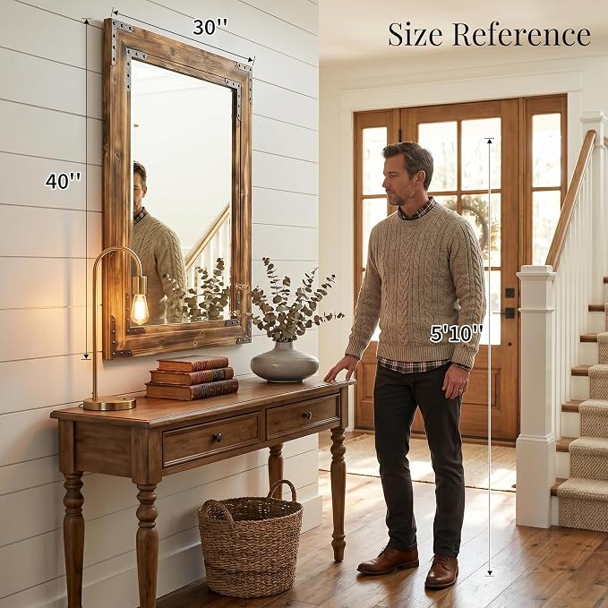 Rustic Brown 30x40 Inch Wood Bathroom Vanity Mirror, Rivets | Farmhouse style, deep weathered grain, larger vanities, mantels, dressers and entry consoles