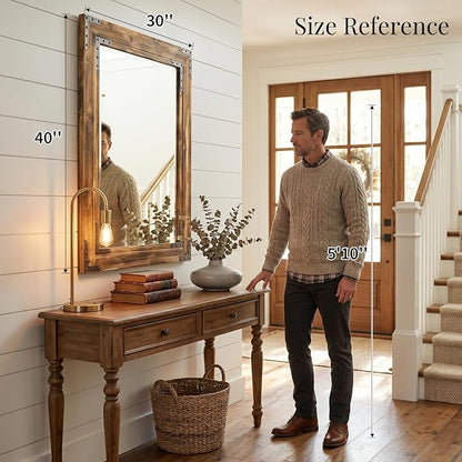 Rustic Brown 30x40 Inch Wood Bathroom Vanity Mirror, Rivets | Farmhouse style, deep weathered grain, larger vanities, mantels, dressers and entry consoles