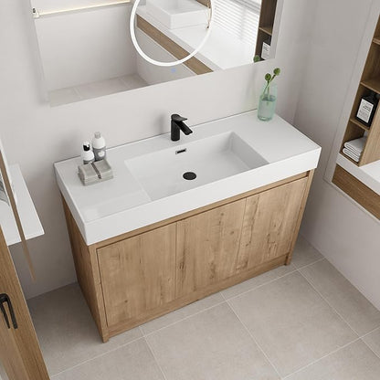 48 Inch Bathroom Vanity with Sink, Imitative Oak Modern Freestanding Vanity Set with Soft-Closing Door and Resin Basin, Contemporary Styling for Elegant Bathrooms