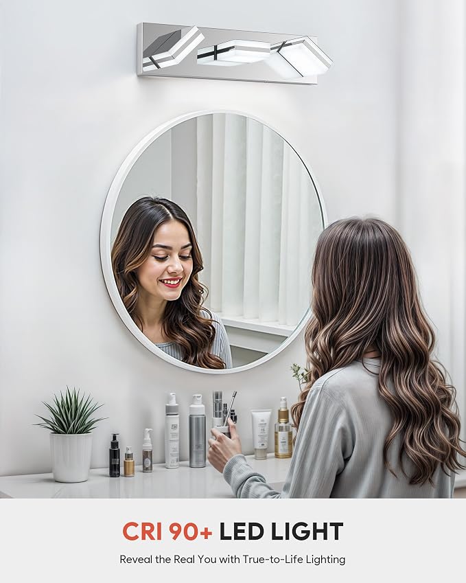 VONLUCE LED Modern Bathroom Vanity Light Fixture, Chrome | 18'', 3-Light, 3CCT, 360° Rotate, High CRI, Flicker-free, Dimmable, Memory Function, Waterproof IP44, Easy Installation