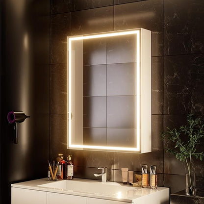 32x24 inch LED Lighted Medicine Cabinet with Mirror, Moisture-Resistant Wood, Stepless Dimmable, 3000K/5500K, Defogger, Adjustable Shelf, Flat-Pack Design – Assembly Required (White)