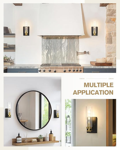 Emak Black and Gold Wall Sconces Set of Two, Modern Wall Sconce with Clear Glass Shade, Farmhouse 2 Light Bathroom Vanity Light for Living Room, Bedroom, Gallery, WS086-BKBGD-CG-2PK