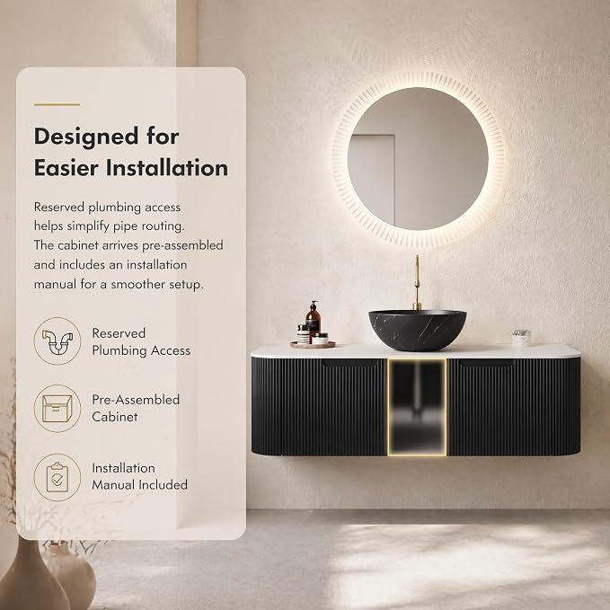 48 Inch Bathroom Vanity with Sink, Floating Wall Mounted Single Sink Vanity, Black Curved Fluted Front, Stone Top, Black Marble Vessel Basin, Pre-Assembled