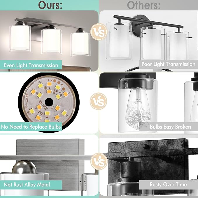 Quntis 5 Light Brushed Nickel Bathroom Light Fixtures, Modern Vanity Lights Over Mirror with 5 Colors & Stepless Dimmable, 33 Inch LED Bathroom Lighting with Milk White Frosted Glass (Bulbs Included)