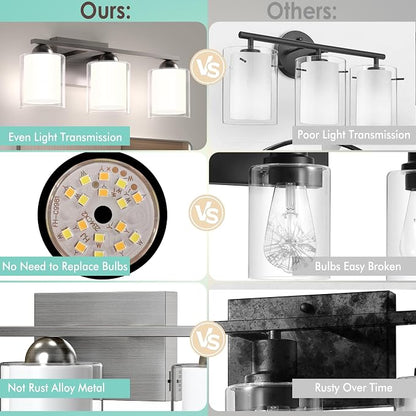 Quntis 5 Light Brushed Nickel Bathroom Light Fixtures, Modern Vanity Lights Over Mirror with 5 Colors & Stepless Dimmable, 33 Inch LED Bathroom Lighting with Milk White Frosted Glass (Bulbs Included)