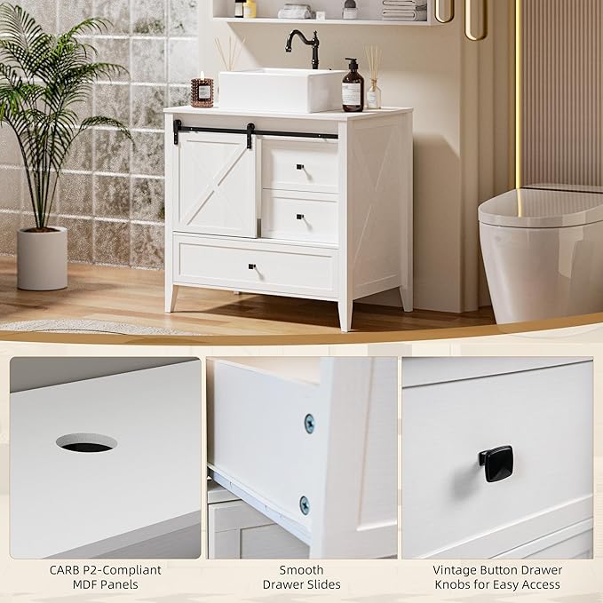 VNN Bathroom Vanity with Sink - 36 Inch Bathroom Vanity with Sink Ceramic, Freestanding Cabinet with Farmhouse Sliding Barn Door and 3 Drawers, Space-Saving Storage Cabinet, Wood Grain Texture, White