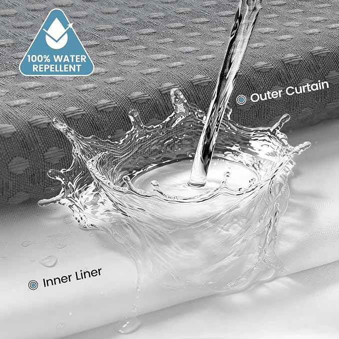EUTXL Heavyweight No Hook Shower Curtain with Liner, Grey,71x86 | Snap in Liner, 256GSM Thick Waffle Fabric, Hotel Luxury Spa, Corner Magnets, Quick Dry, Waterproof & Washable, Extra Long