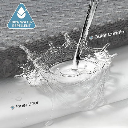 EUTXL Heavyweight No Hook Shower Curtain with Liner, Grey,71x86 | Snap in Liner, 256GSM Thick Waffle Fabric, Hotel Luxury Spa, Corner Magnets, Quick Dry, Waterproof & Washable, Extra Long