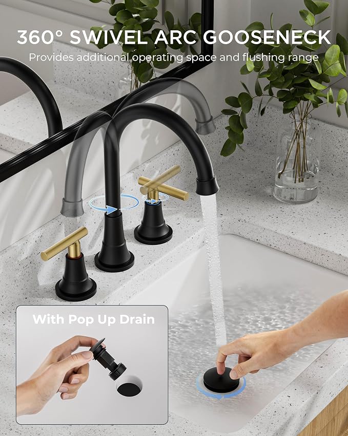 FORIOUS 8 Inch Widespread 3 Hole Bathroom Faucet Black and Gold, Mix Color | FORIOUS Widespread Bathroom Faucet Black and Gold Vanity, Two Handle Black and Brushed Gold Bathroom Sink Faucet 3 Hole