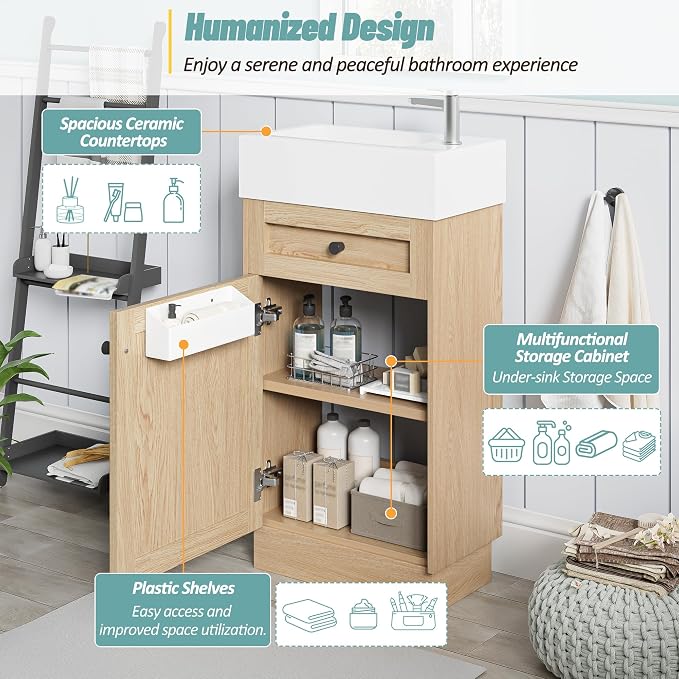 Merax Modern Rustic 18.5'' Bathroom Vanity with Resin Sink, Solid Wood Bathroom Storage Cabinet with Adjustable Shelf & Reversible Door for Small Spaces, Natural