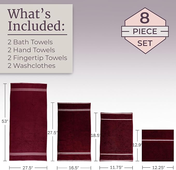 Lavish Home 8PC Bathroom Towels Set - 575GSM 100% Cotton Bathroom Essentials with 2 Bath Towels, 2 Hand Cloths, 2 Wash Cloths, and 2 Fingertip Fabric for Shower, Gym, Dorm and Spa (Burgundy)