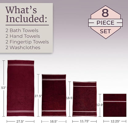 Lavish Home 8PC Bathroom Towels Set - 575GSM 100% Cotton Bathroom Essentials with 2 Bath Towels, 2 Hand Cloths, 2 Wash Cloths, and 2 Fingertip Fabric for Shower, Gym, Dorm and Spa (Burgundy)