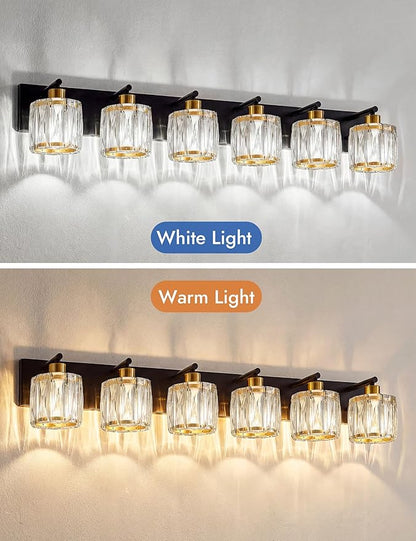 VOLISUN Crystal Vanity Lights for Bathrooms, 6 Light Bathroom Vanity Light, Black and Gold Bathroom Light Over Mirror, Modern Bathrooms Lights Fixtures-UL Certificated(Exclude Bulb)