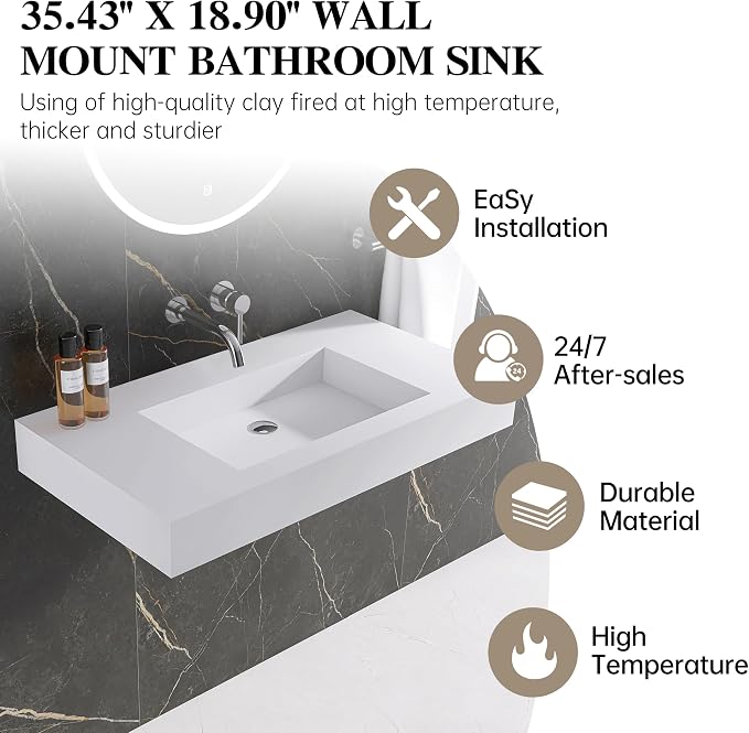 35"X19" Wall Mount Sink, Stone Bathroom Sink without Holes | Matte Bathroom Vanity Vessel Sinks Rectangle, Modern Floating or Countertop Freestanding Wall Hang Sink Bowl