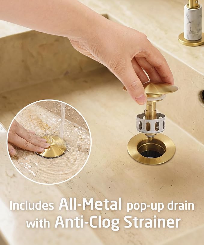 KES Natural Italian Carrara Marble Brushed Gold Bathroom Faucet 3 Hole with All Metal Pop Up Sink Drain, 8 Inch Widespread Bathroom Sink Faucet for Vanity, 360° Swivel Spout, 18/8 Stainless Steel