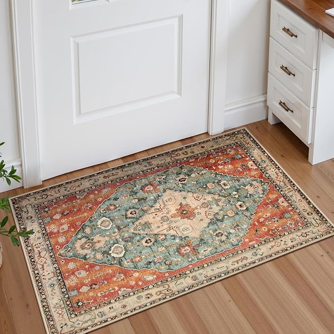 Lahome Felice Boho Tribal 2x3 Washable Small Rugs for Entryway Doormat Indoor Entrance, Throw Rugs with Rubber Backing, Bohemian Soft Non-Slip Bathroom Carpet for Bath Front Door Kitchen Floor