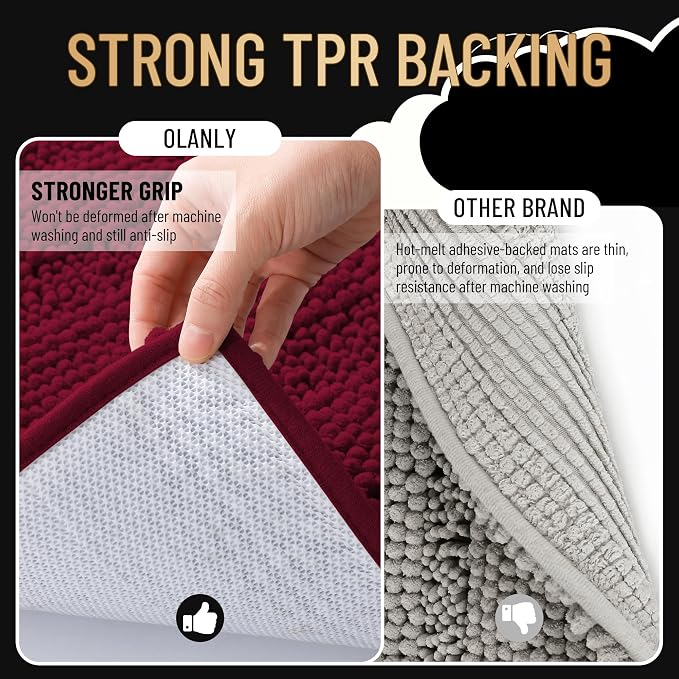 OLANLY Thick Bathroom Runner Rugs 70x24, Soft Chenille Bath Rugs, Burgundy | Absorbent Striped, Rubber Backing, Machine Wash, Long Bath Mats for Bathroom Floor, Tub and Shower, Home Decor Accessories