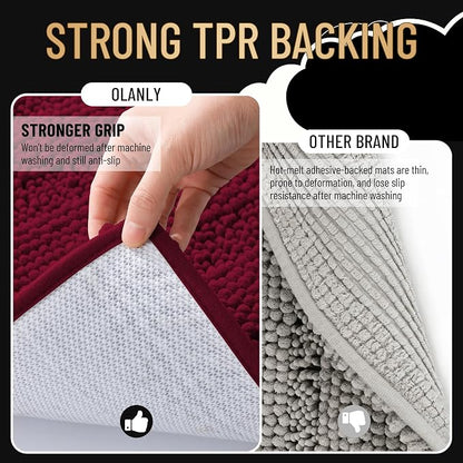 OLANLY Thick Bathroom Runner Rugs 70x24, Soft Chenille Bath Rugs, Burgundy | Absorbent Striped, Rubber Backing, Machine Wash, Long Bath Mats for Bathroom Floor, Tub and Shower, Home Decor Accessories