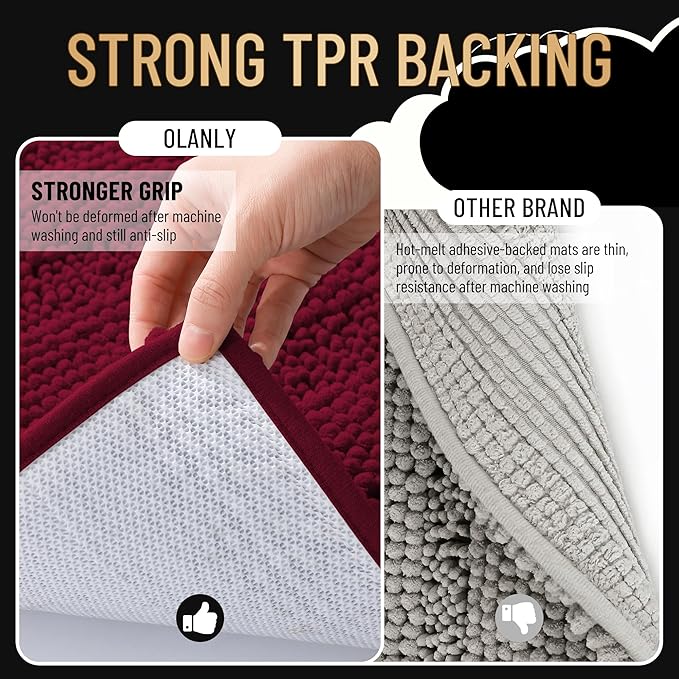 OLANLY Thick Bathroom Runner Rugs 44x24, Soft Chenille Bath Rugs, Burgundy | Absorbent Striped, Rubber Backing, Machine Wash, Long Bath Mats for Bathroom Floor, Tub and Shower, Home Decor Accessories
