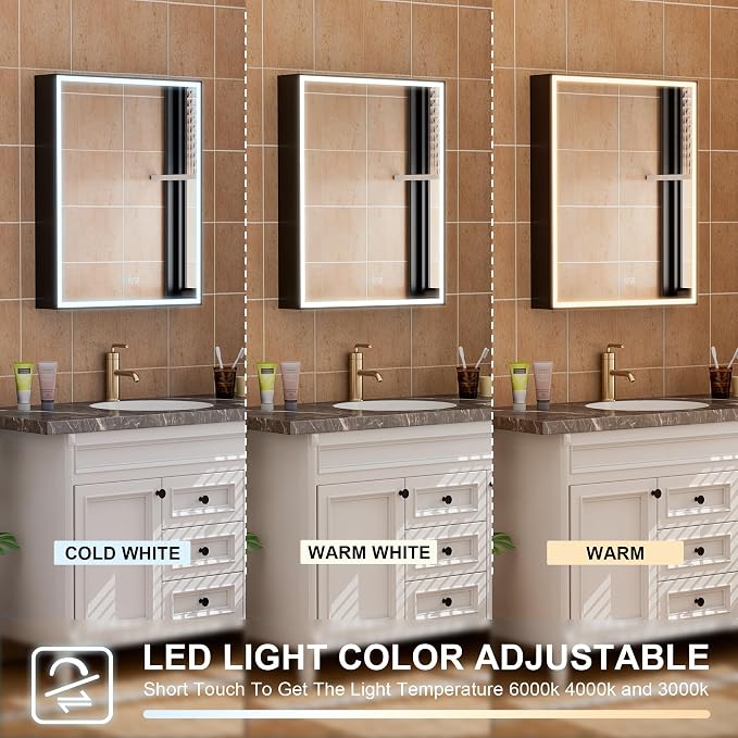 24" X 30" LED Mirrored Medicine Cabinet, Medicine Cabinets with Lights for Bathroom, Defogging Function Mirror Cabinet, Bathroom Medicine Cabinet with USB Port & Outlet, Left Opening Doors