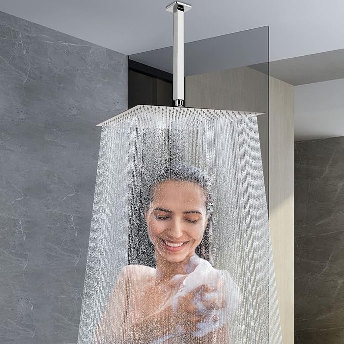 NearMoon Rain Shower Head With Shower Arm, Ceiling Mount Square Shower, Stainless Steel Ceiling Rainfall Showerhead- Waterfall Full Body Coverage (16 Inch, Chrome Finish)