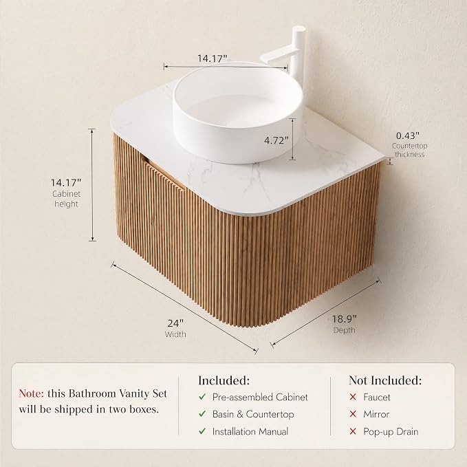 24 Inch Bathroom Vanity with Sink, Floating Wall Mounted Single Sink Vanity for Small Baths, Natural Woodgrain Curved Fluted Front, Stone Top, Pure White Round Vessel Basin, Pre-Assembled