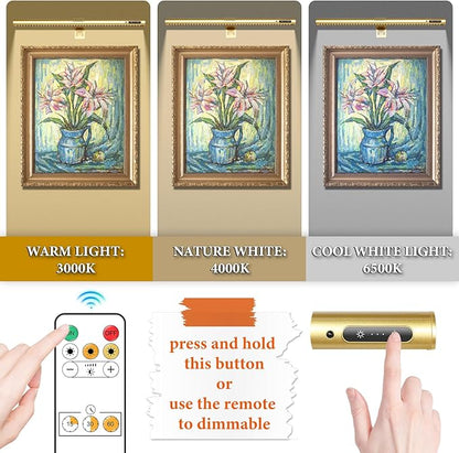 Wireless Picture Light, Battery Operated LED Painting Lights with Remote Control, Dimmable, Timer for Art Frame (Gold-19.7inch)