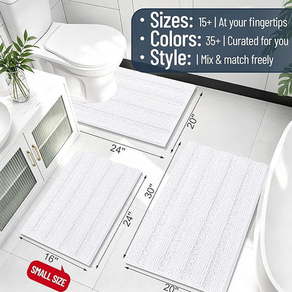 Smiry Thick Chenille Bathroom Rugs 30x20, Soft Absorbent Bath Mat, White | Quick‑Dry & Machine Washable, Non‑Slip Bath Carpet, Striped Bath Rugs for Tub & Shower, Modern Home Decor Accessories