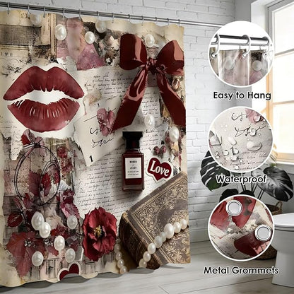 DDQQ 4Pcs Sexy Lip Shower Curtain Set Women Pearl Bow Bathroom Decor Set, Fashion Red Flower Perfume Bathroom Curtains Shower Set with Rugs, Girly Shower Curtain with 12 Hooks