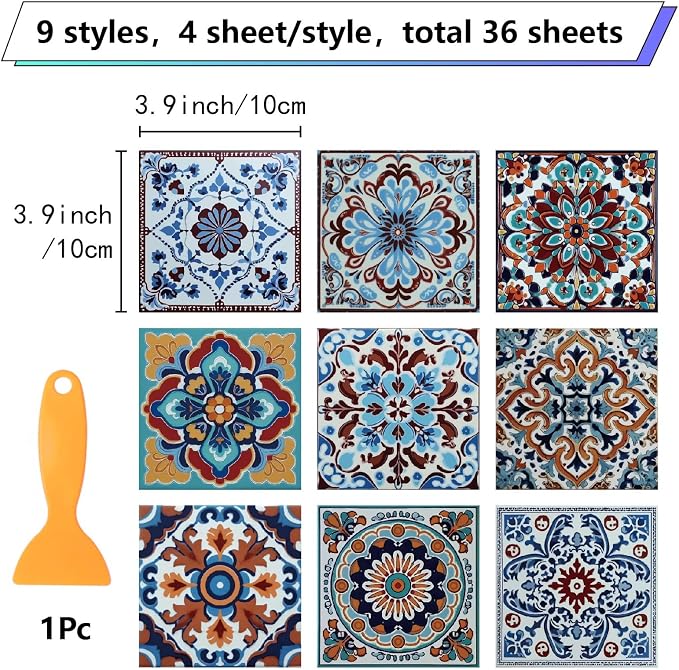36Pcs 9 Styles Mexican Peel and Stick Tiles 4 x 4 Inch Colorful Tile Stickers Square Flower Pattern Waterproof PVC Decals for Kitchen Bathroom Backsplash Furniture Staircase DIY Home Decor