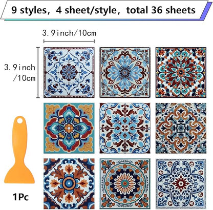 36Pcs 9 Styles Mexican Peel and Stick Tiles 4 x 4 Inch Colorful Tile Stickers Square Flower Pattern Waterproof PVC Decals for Kitchen Bathroom Backsplash Furniture Staircase DIY Home Decor