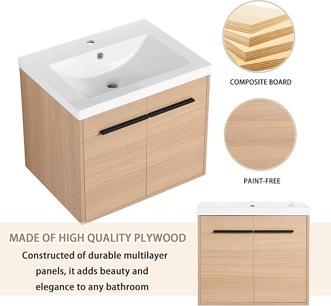 24" Floating Bathroom Vanity,24 Inch Bathroom Vanity with Sink,Single Sink Wall Mounted Vanity Combo,Brown Wall Mounted Cabinet Set