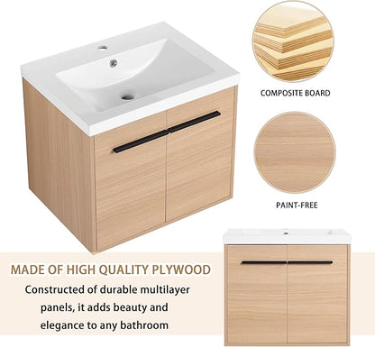 24" Floating Bathroom Vanity,24 Inch Bathroom Vanity with Sink,Single Sink Wall Mounted Vanity Combo,Brown Wall Mounted Cabinet Set