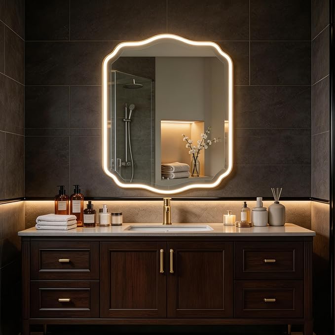 POZINO 30"x22" Scalloped LED Bathroom Mirror with Lights, Gold Metal Frame | Beveled Edge, 3 Color Dimmable, Anti-Fog, Memory Function, IP65 Waterproof, Smart Bathroom Vanity Mirror with Front Lights
