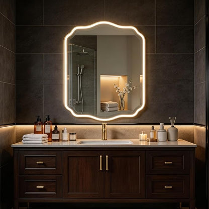 POZINO 30"x22" Scalloped LED Bathroom Mirror with Lights, Gold Metal Frame | Beveled Edge, 3 Color Dimmable, Anti-Fog, Memory Function, IP65 Waterproof, Smart Bathroom Vanity Mirror with Front Lights