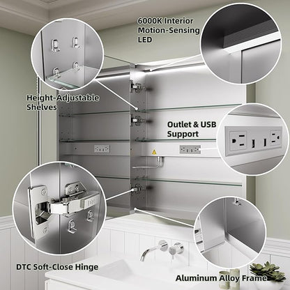 LED Medicine Cabinet Mirror, 24x30 Inch Bathroom Storage, Recessed/Wall Mount, Plug-in/Hardwired, 3 Color Dimmable Light, Anti-Fog, Time Temp Display, Right Hinge
