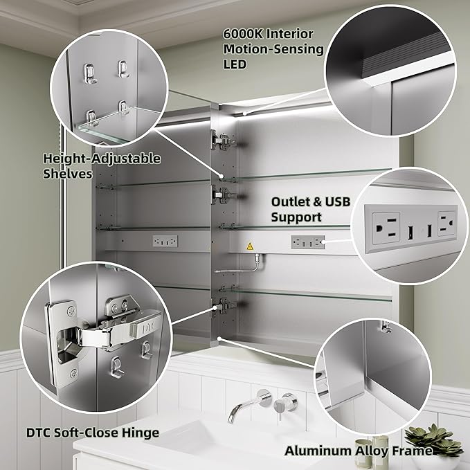LED Medicine Cabinet Mirror with Lights, 24x30 Inch Bathroom Storage, Recessed/Wall Mount, Plug-in/Hardwired, 3 Color Dimmable Light, Anti-Fog, Time Temp Display, Right Hinge