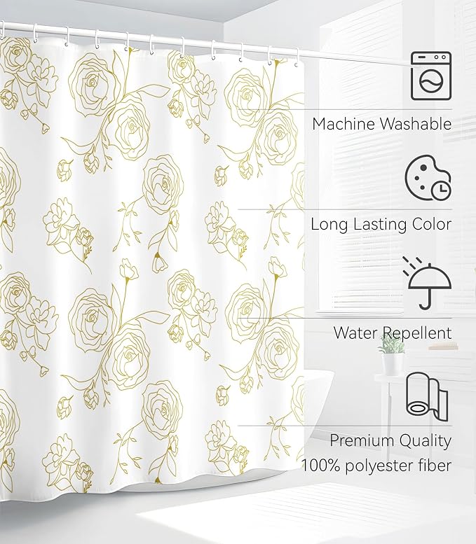 Shower Curtain for Bathroom Stall Boho Modern Cute Aesthetic Decorative Girly Waterproof Unique White and Gold Rose Girls Flower Design Teen Pretty Women Cortinas de Baño Bathtub 72 x72 Inch