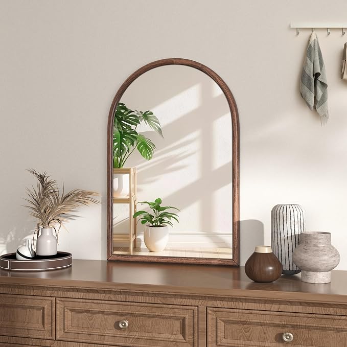 20"x30" Arch Wall Mirror for Wall, Wall Mounted Vanity Mirror for Bedroom, Wood Grain Finish Frame Mirror with Tempered Glass, Vintage Decorative for Bathroom, Entryway, Living Room, Walnut