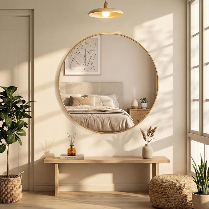 20 Inch Gold Round Bathroom Wall Mirror, Round Mirrors for Wall Decor, Circle Mirror for with HD Shatter-Proof Glass for Entryway, Living Room, Bedroom, Dressing Room, Home Decor