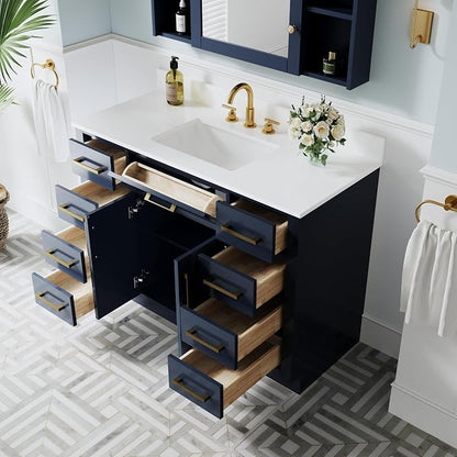 48-Inch Bathroom Vanity with Sink W/ 2 Doors & 8 Drawers & 1 Flip Drawer, Navy Blue Vanity W/Brushed Gold Handles
