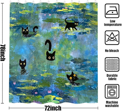Accnicc Cute Cat Shower Curtain 78 Inch Long Funny Fun Cool Cats Monet Shower Curtains for Bathroom Water Lilies Waterproof Fabric Bath Curtain Decor