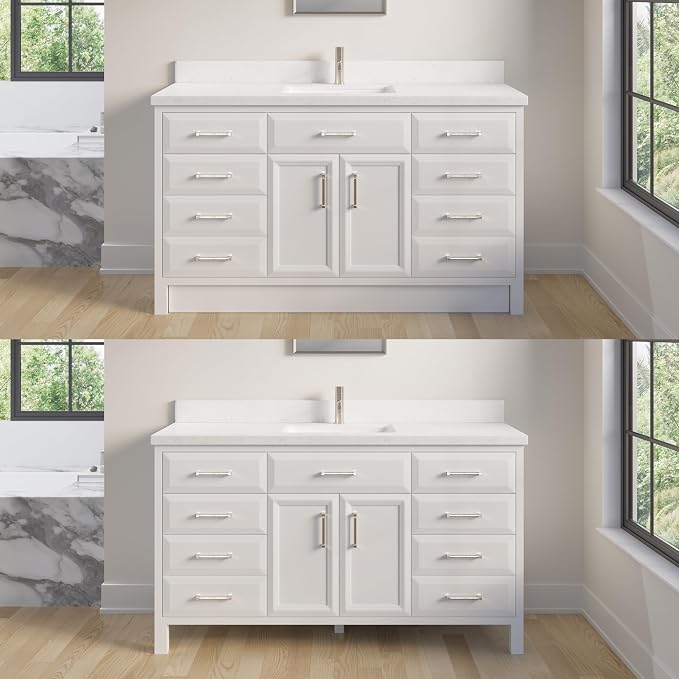 Capri III 60" Single Sink Bathroom Vanity With Stealth Organizer, Solid Wood Bathroom Cabinet with Engineered Stone Countertop & Backspalsh, Soft Closing Door & Drawer, Pre-Assembled, White