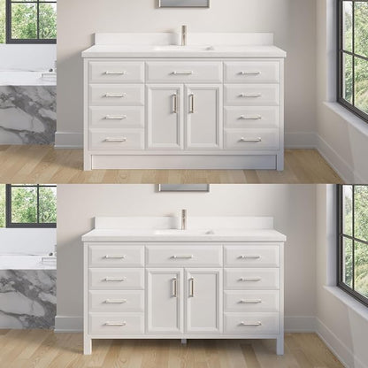 Capri III 60" Single Sink Bathroom Vanity With Stealth Organizer, Solid Wood Bathroom Cabinet with Engineered Stone Countertop & Backspalsh, Soft Closing Door & Drawer, Pre-Assembled, White