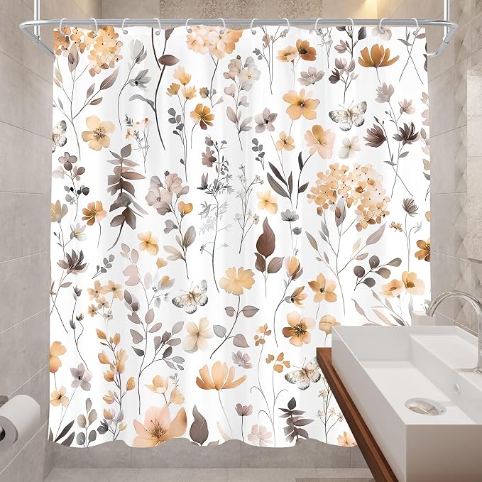 Cute Floral Orange Flower Watercolor Wildflower Bathroom Shower Curtain Set | 72"W x 72"H Butterfly Plants; waterproof HD print, quick-dry fabric and plastic hooks for easy setup.