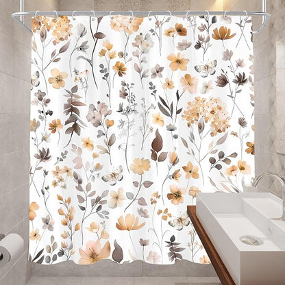 Cute Floral Orange Flower Watercolor Wildflower Bathroom Shower Curtain Set | 72"W x 72"H Butterfly Plants; waterproof HD print, quick-dry fabric and plastic hooks for easy setup.