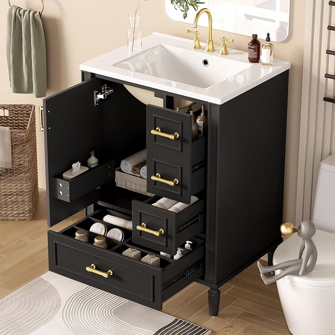 24 Inch Modern Bathroom Vanity with Ceramic Sink, Freestanding Bathroom Cabinet with Soft-Close Door, 3 Drawers, Gold Handles & Door-Mounted Storage Rack, Solid Wood & MDF, Black