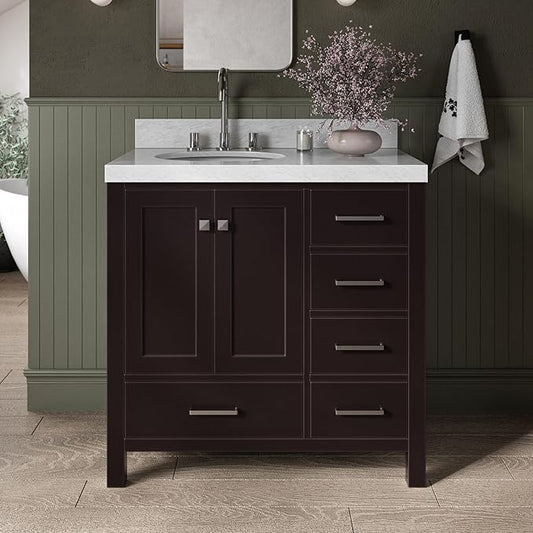 ARIEL Cambridge 36-inch Bathroom Vanity with Sink,Solid Wood, 1.5-inch Italian Carrara Marble Countertop & Backsplash, Single Oval Porcelain Sink, 2 Soft Closing Doors, 5 Dovetail Drawers, Espresso