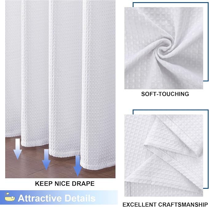 White Shower Curtain Set, Waffle Textured Heavy Duty Fabric Thick Shower Curtain for Bathroom, 230GSM Luxury Weighted Bath Curtain with 12 Plastic Hooks, 72x72, White