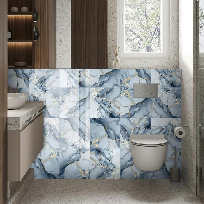 10 Sheets Marble Peel and Stick Backsplash Tile, 12"x12" Waterproof PVC Self Adhesive Tile Shower Wall Panels for Bathroom, Kitchen, Living Room (Metallic Blue) | Adhesive tiles kitchen bathroom PVC tiles self-adhesive kitchen back wall tiles self-adhe...